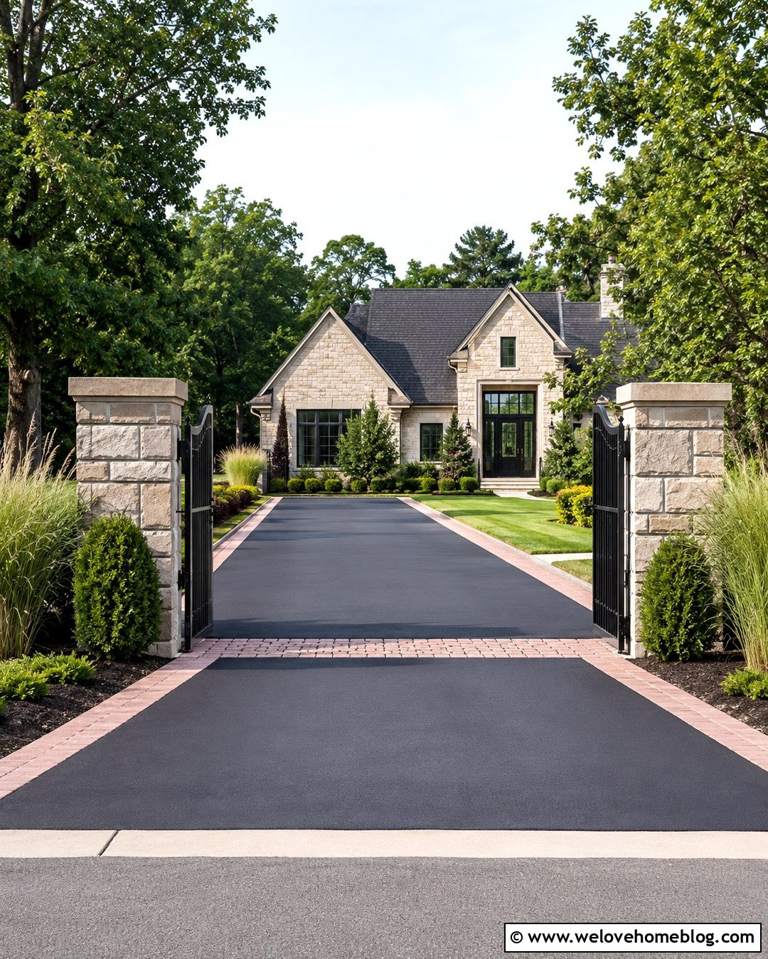 Stone Gate Posts With Brick Paver Ribbons - 20 Stone And Brick Driveway Entrance Ideas