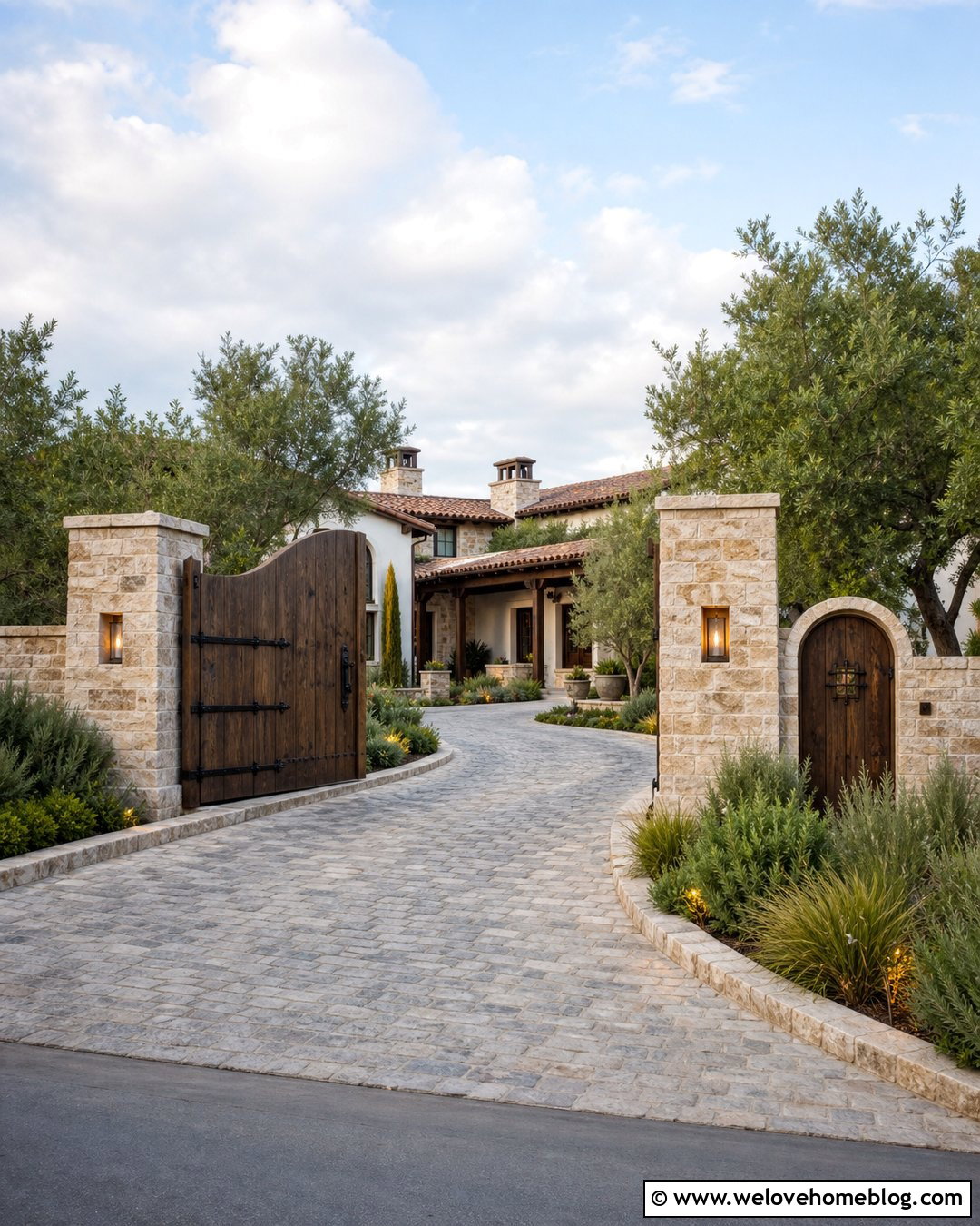Stone Hacienda Driveway Entrance With Wood Gate - 20 Hacienda Driveway Entrance Ideas