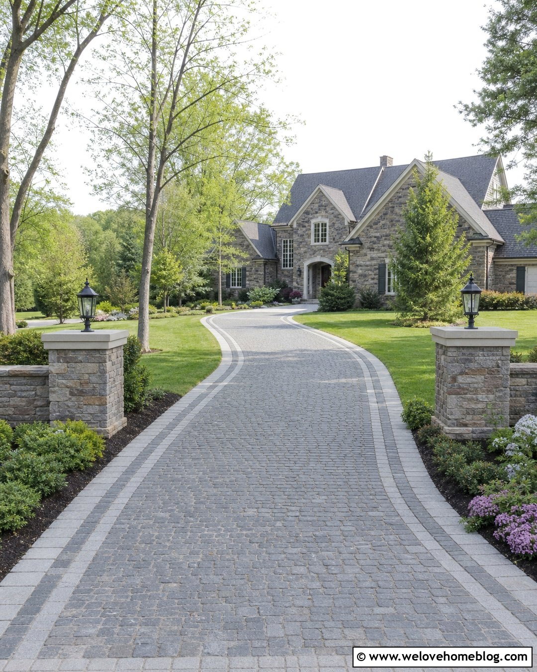 Stone Paver Driveway With Stone Pillars - 20 stone paver driveway ideas
