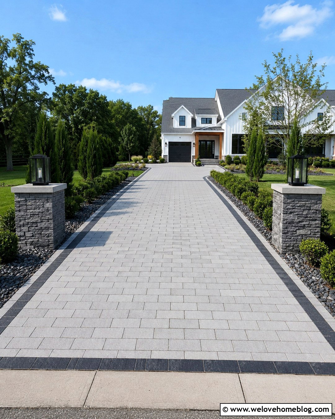 Stone Pillar Driveway Entrance With Evergreen Landscaping - 20 stone pillar driveway entrance ideas