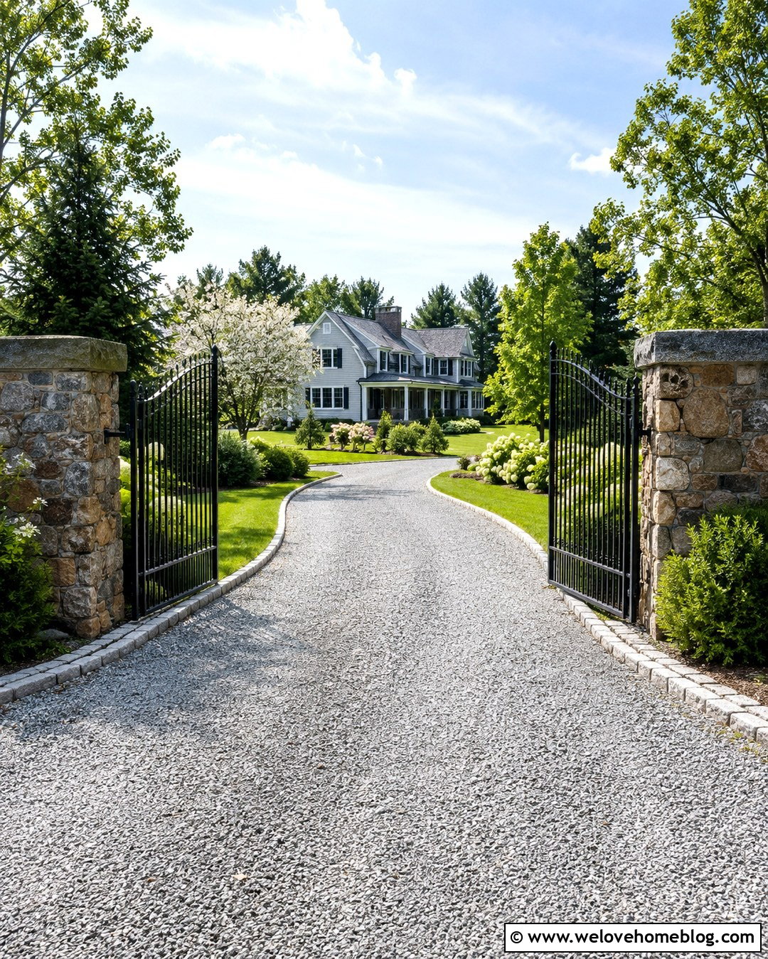 Stone Pillar Gate With Curved Driveway - 20 Driveway Entrance Gates Country Ideas