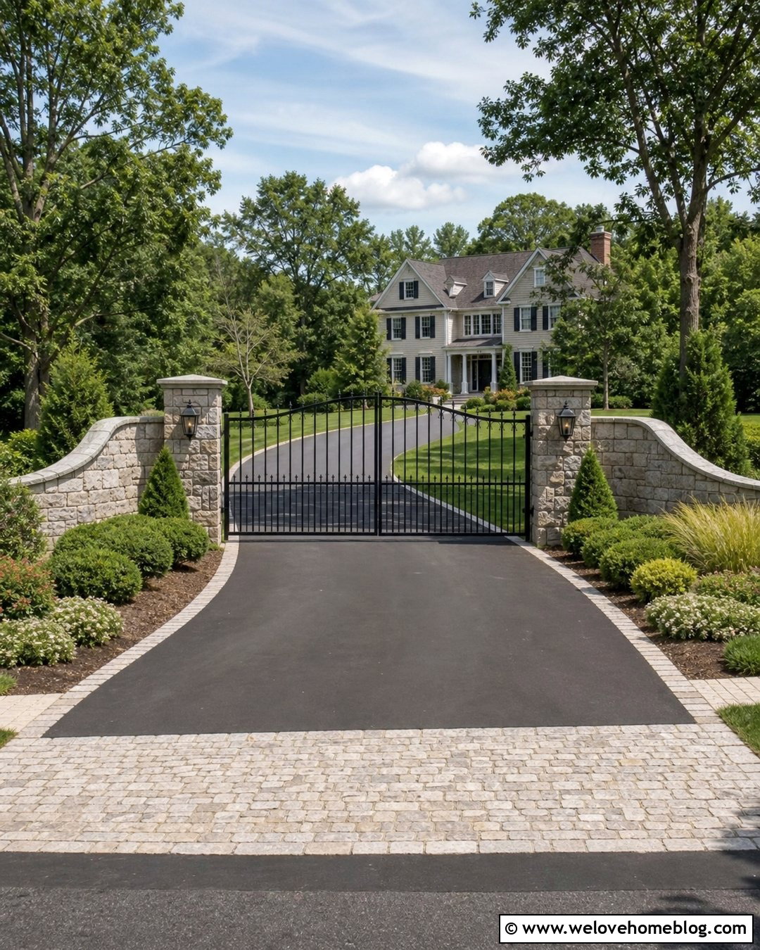 Stone Pillar Gate With Curved Wing Walls - 20 Entrance Gates Driveway Stone Pillars Ideas