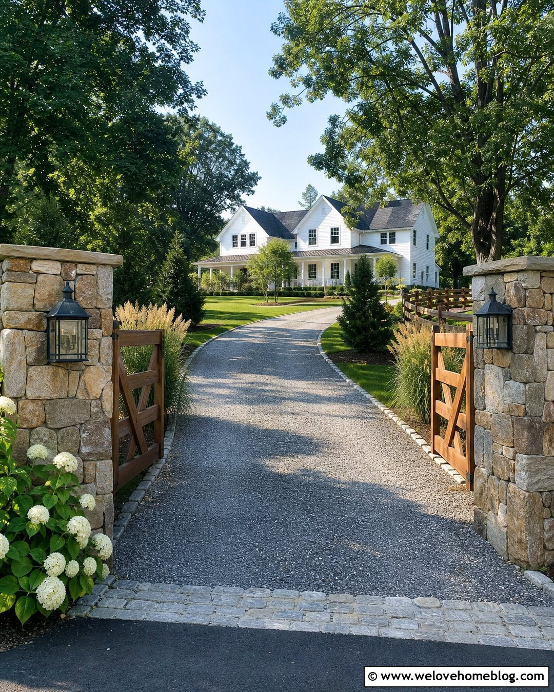 Stone Pillar Wood Gate Driveway Entrance - 25 Stone Entrance Driveway Ideas