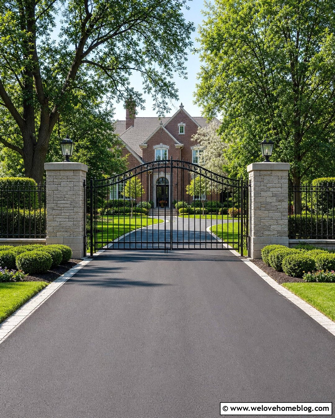 Stone Pillars With A Black Iron Gate - 40 Stone Pillars Driveway Entrance Ideas