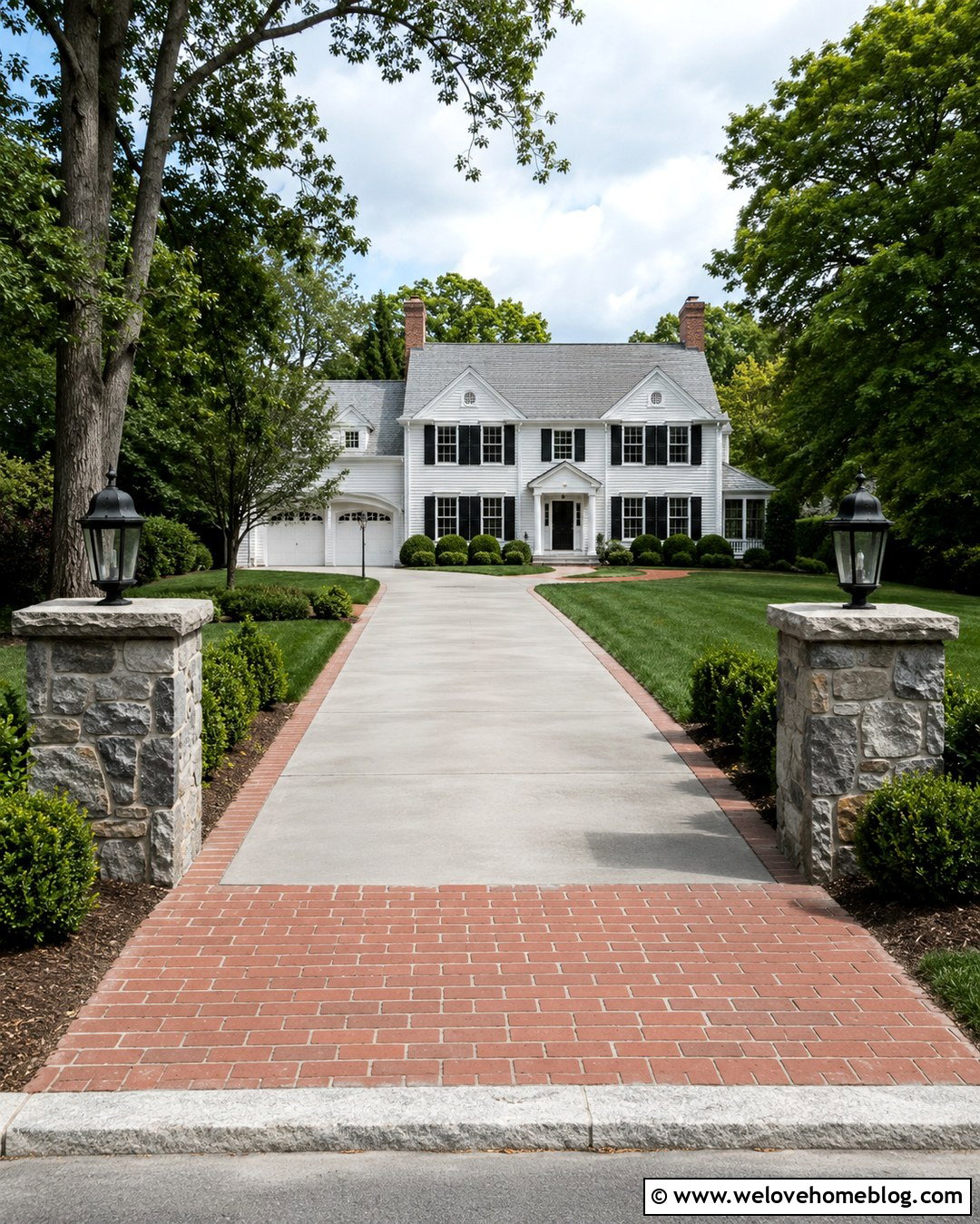 Stone Pillars With A Brick Driveway Apron - 20 Stone And Brick Driveway Entrance Ideas