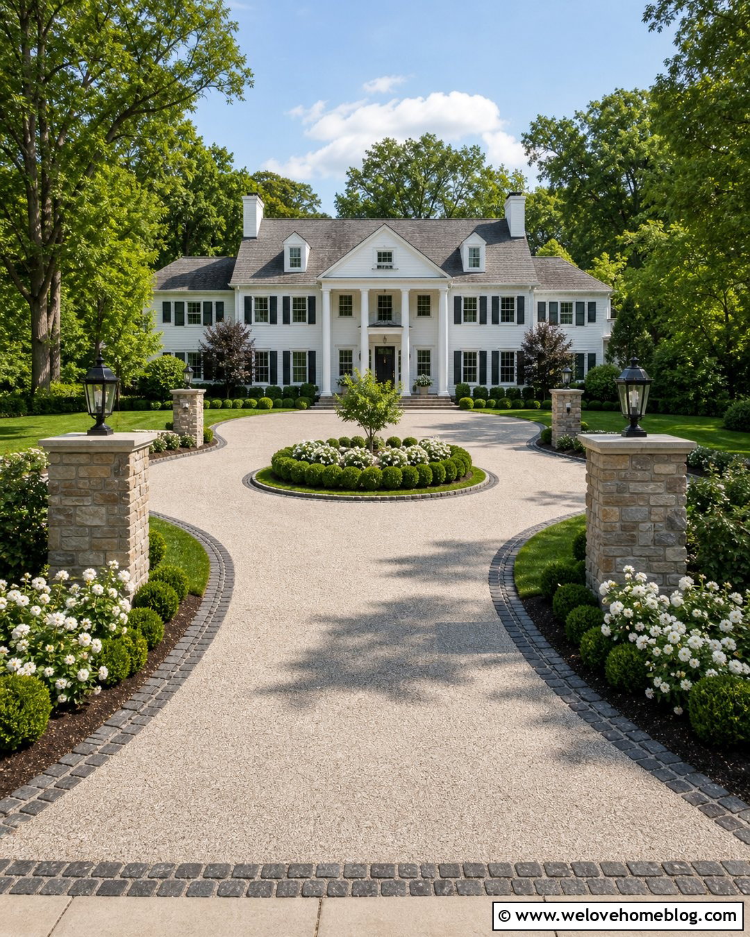 Stone Pillars With A Circular Driveway - 40 Stone Pillars Driveway Entrance Ideas