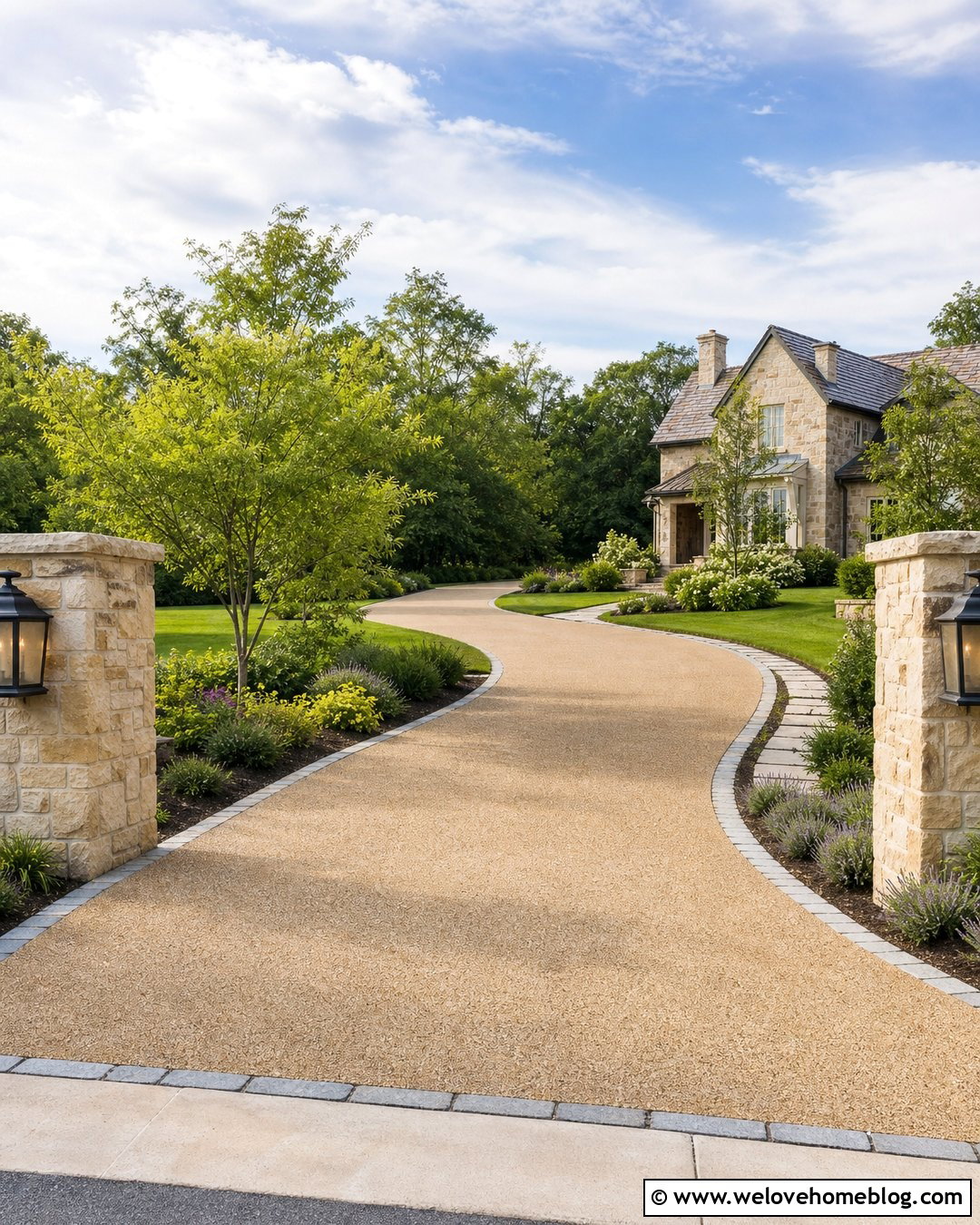Stone Pillars With A Curved Driveway - 40 Stone Pillars Driveway Entrance Ideas