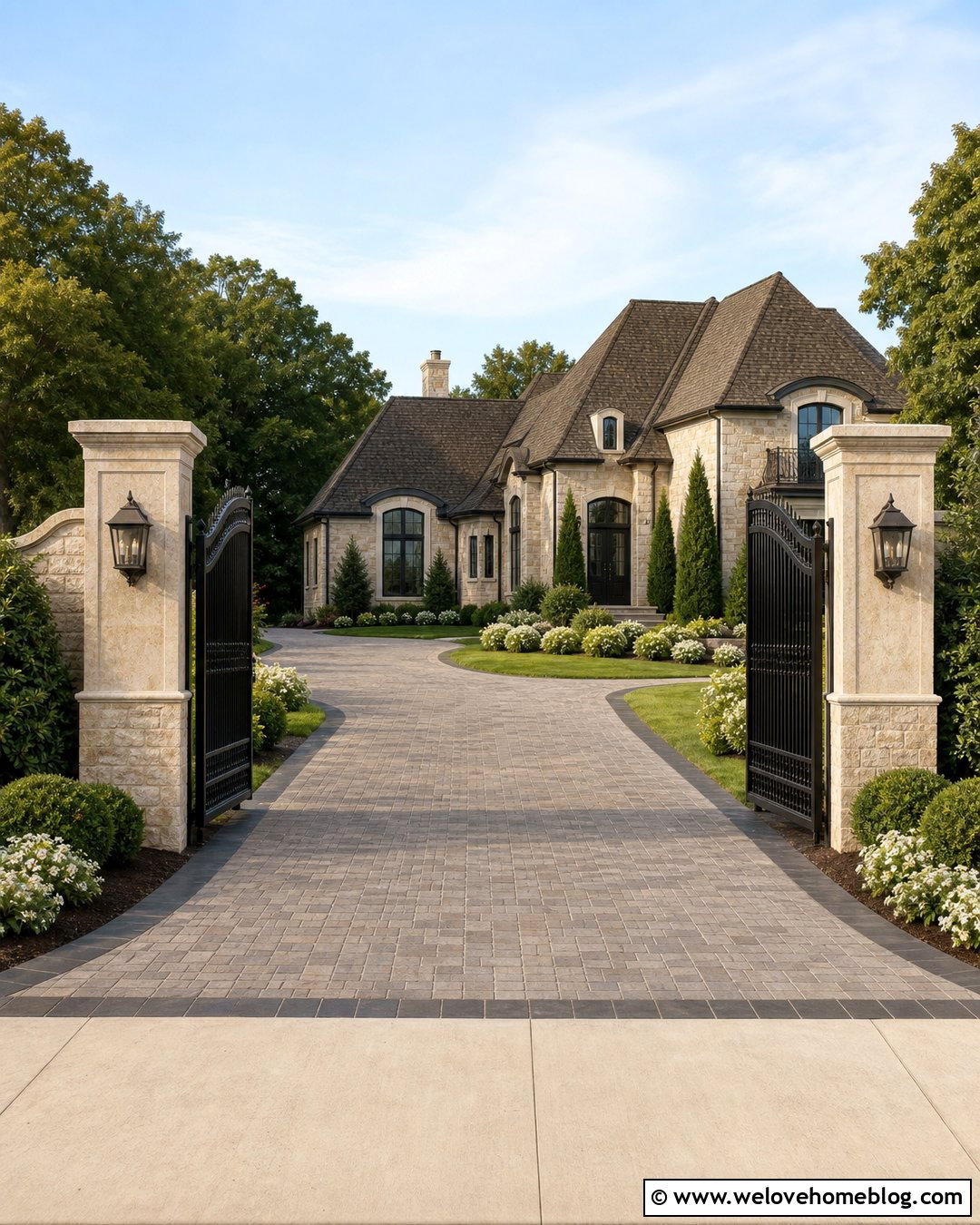 Stone Pillars With A Double Swing Gate - 40 Stone Pillars Driveway Entrance Ideas