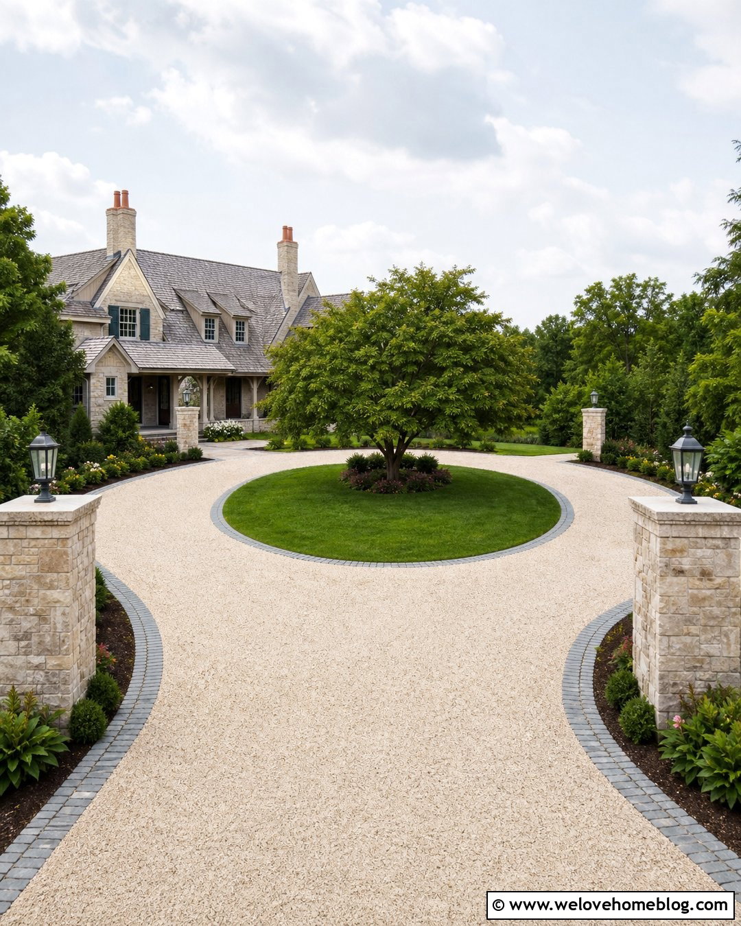 Stone Pillars With A Horseshoe Driveway - 40 Stone Pillars Driveway Entrance Ideas