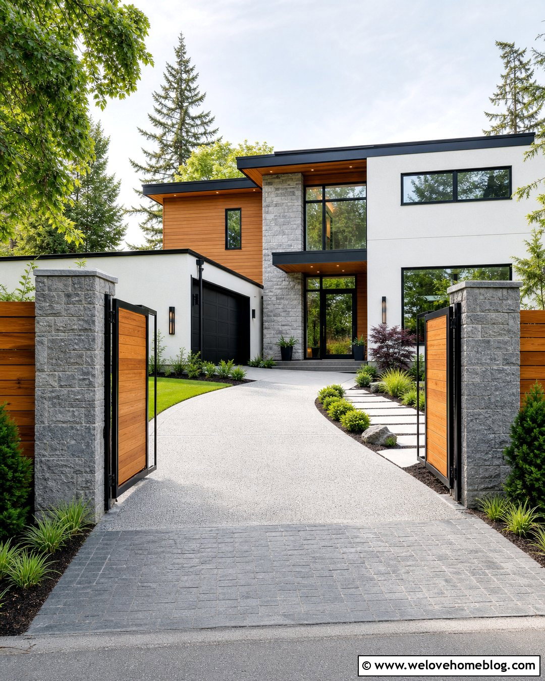 Stone Pillars With A Mixed Material Entrance - 40 Stone Pillars Driveway Entrance Ideas