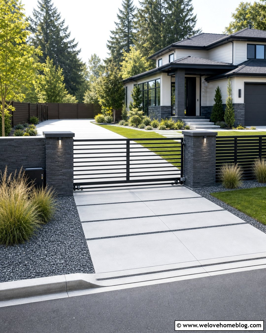 Stone Pillars With A Sliding Gate - 40 Stone Pillars Driveway Entrance Ideas