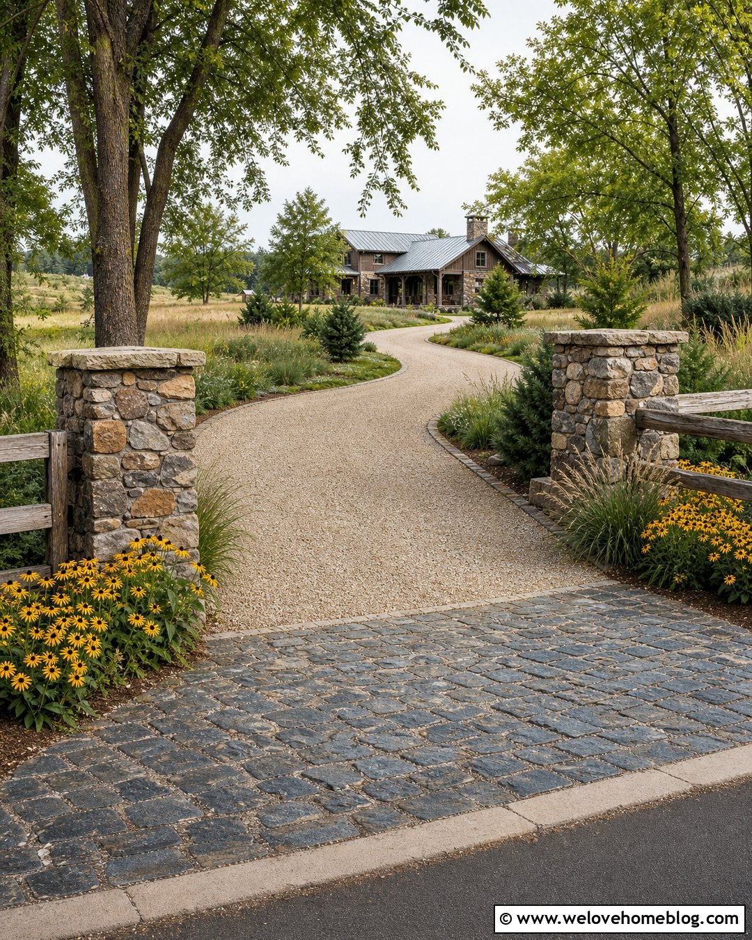 Stone Pillars With A Split Rail Fence - 40 Stone Pillars Driveway Entrance Ideas