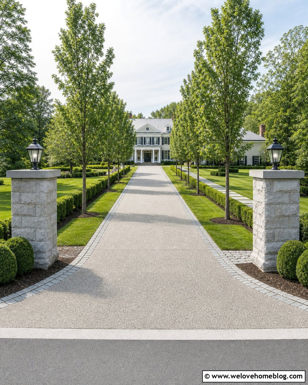 Stone Pillars With A Straight Driveway - 40 Stone Pillars Driveway Entrance Ideas