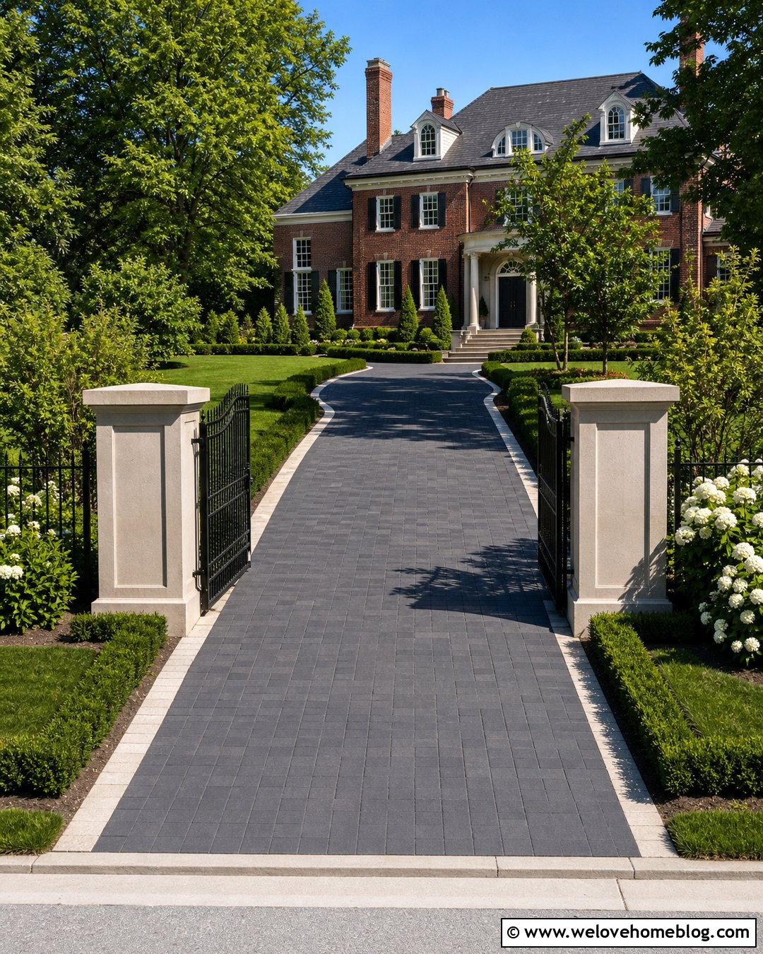 Stone Pillars With Black Metal Fencing - 40 Stone Pillars Driveway Entrance Ideas