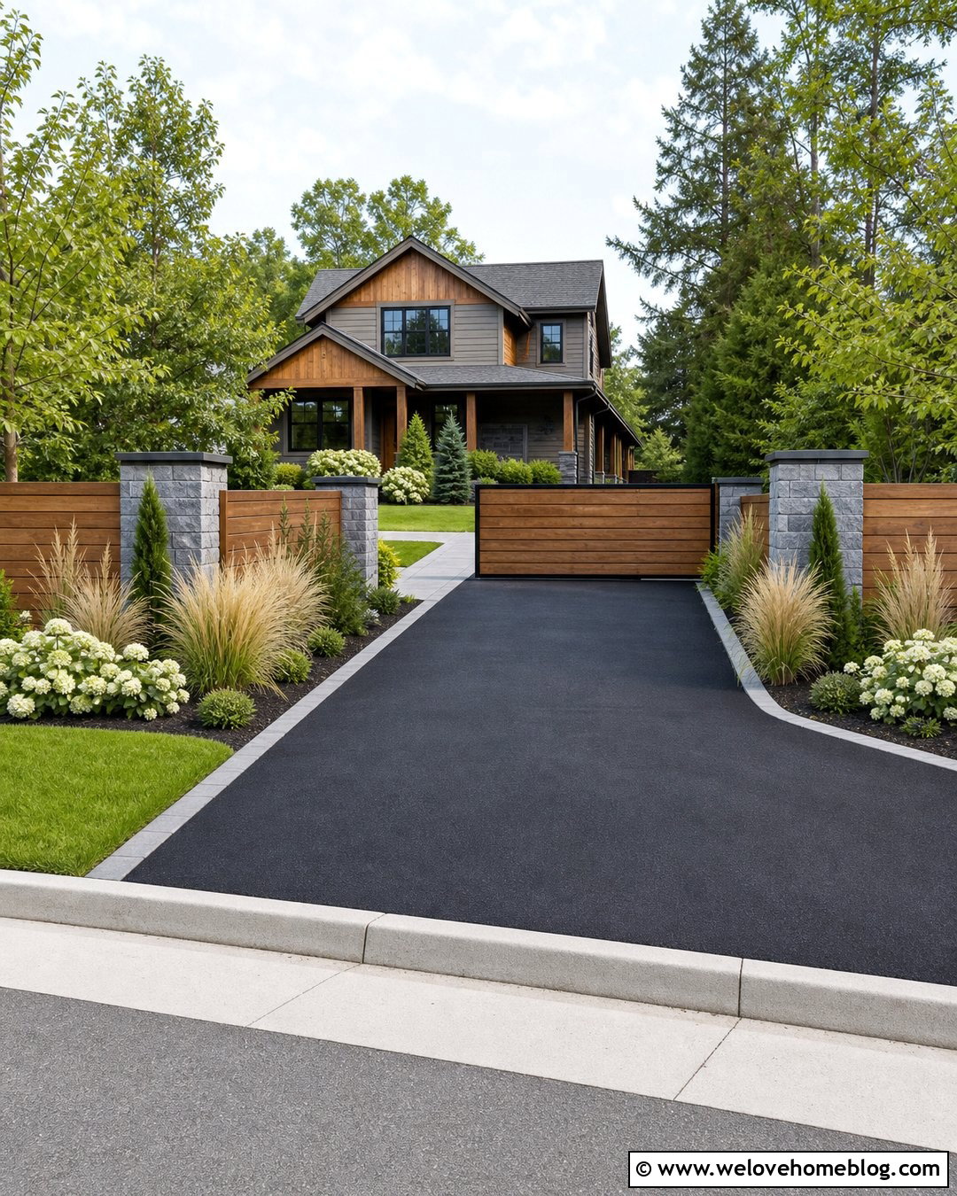 Stone Pillars With Cedar Fencing - 40 Stone Pillars Driveway Entrance Ideas