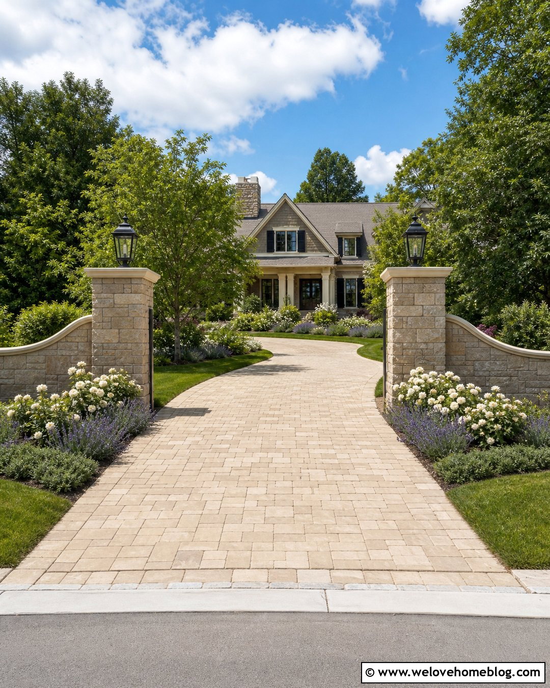 Stone Pillars With Curved Wing Walls - 40 Stone Pillars Driveway Entrance Ideas