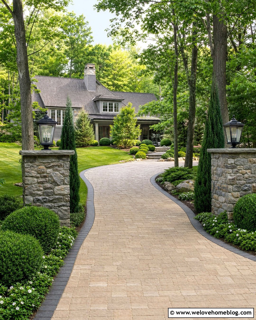 Stone Pillars With Evergreen Landscaping - 40 Stone Pillars Driveway Entrance Ideas