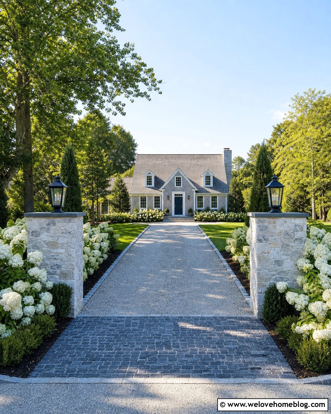 Stone Pillars With Hydrangea Borders - 40 Stone Pillars Driveway Entrance Ideas
