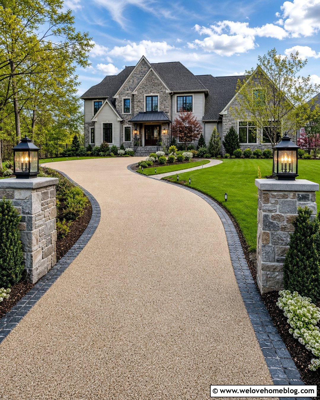 Stone Pillars With Lantern Lights - 40 Stone Pillars Driveway Entrance Ideas