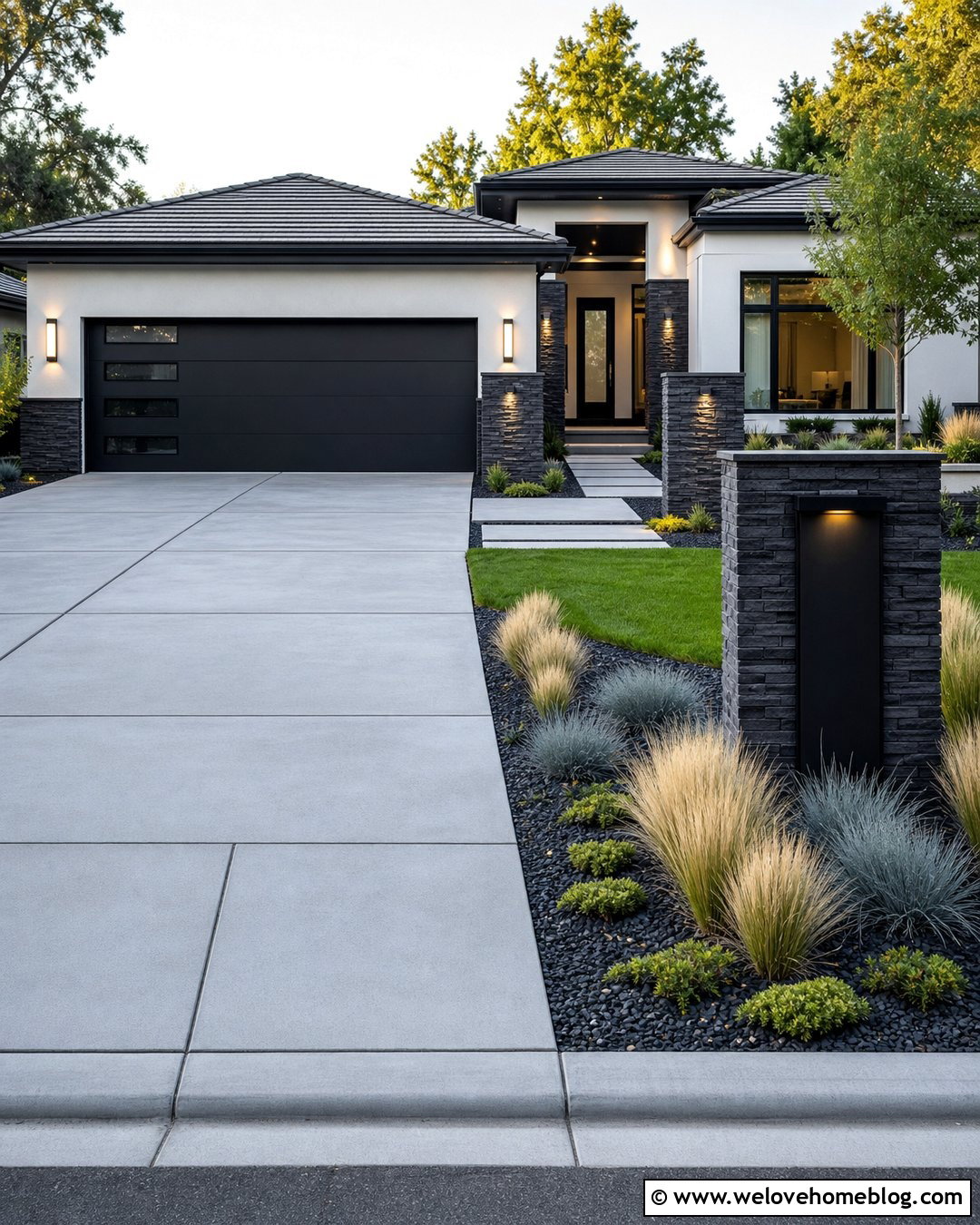 Stone Pillars With Ornamental Grasses - 40 Stone Pillars Driveway Entrance Ideas