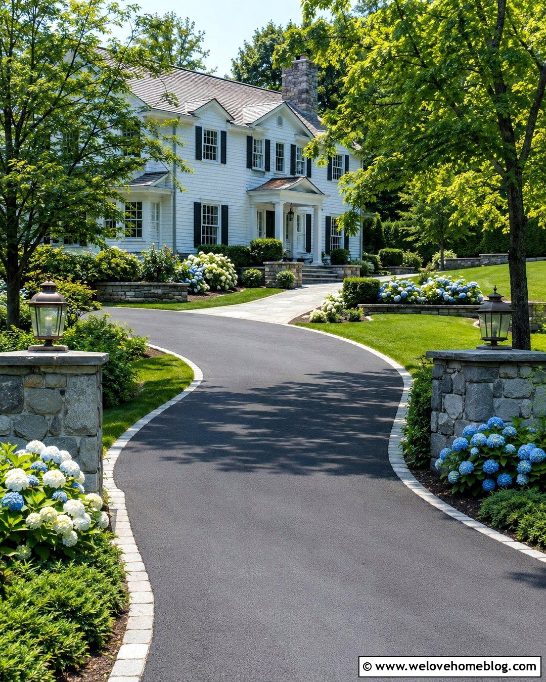 Stone Posts With Hydrangea Driveway Borders - 20 stone posts driveway ideas