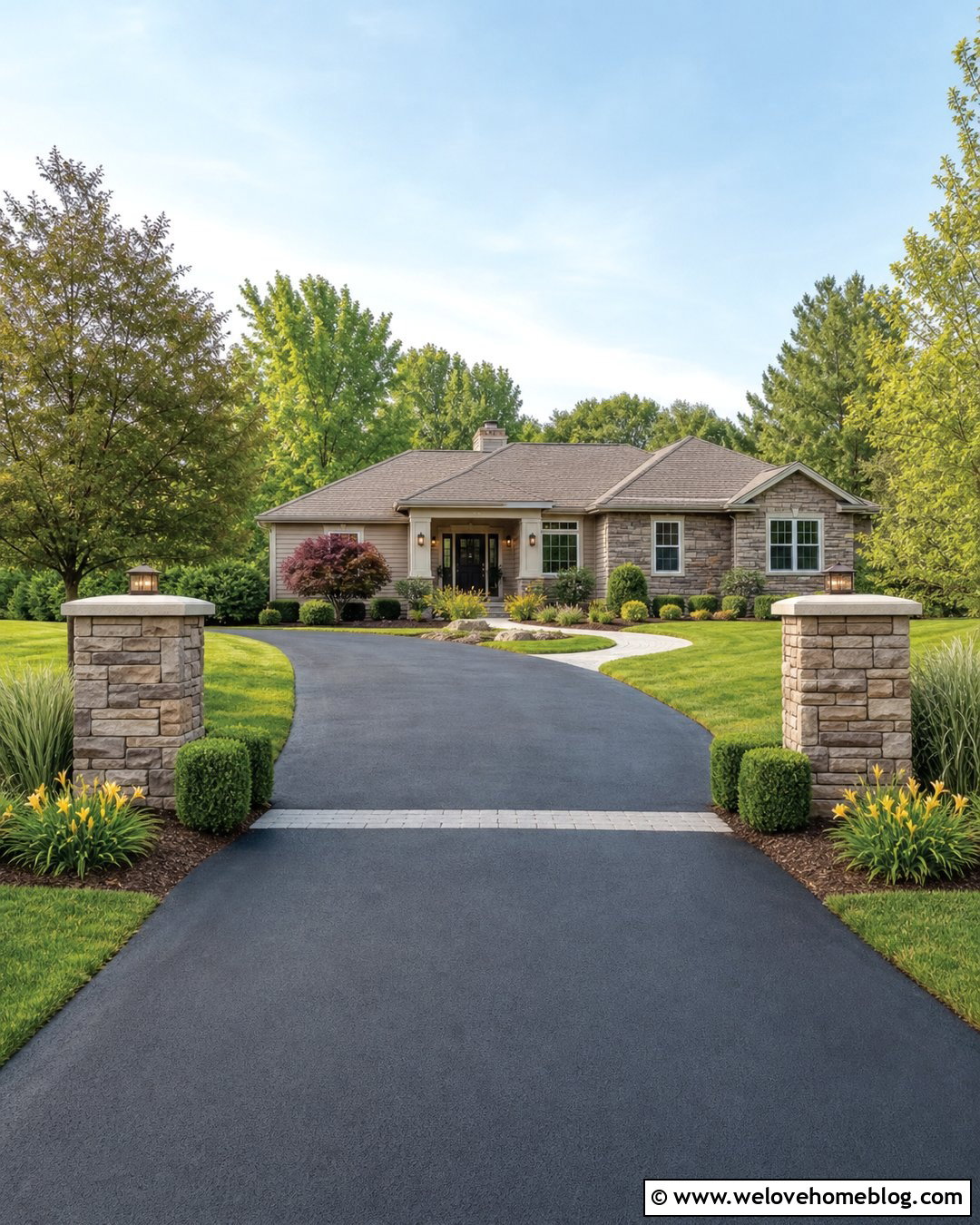 Stone Veneer Driveway Columns With A Simple Asphalt Driveway - 20 stone driveway entrance columns ideas