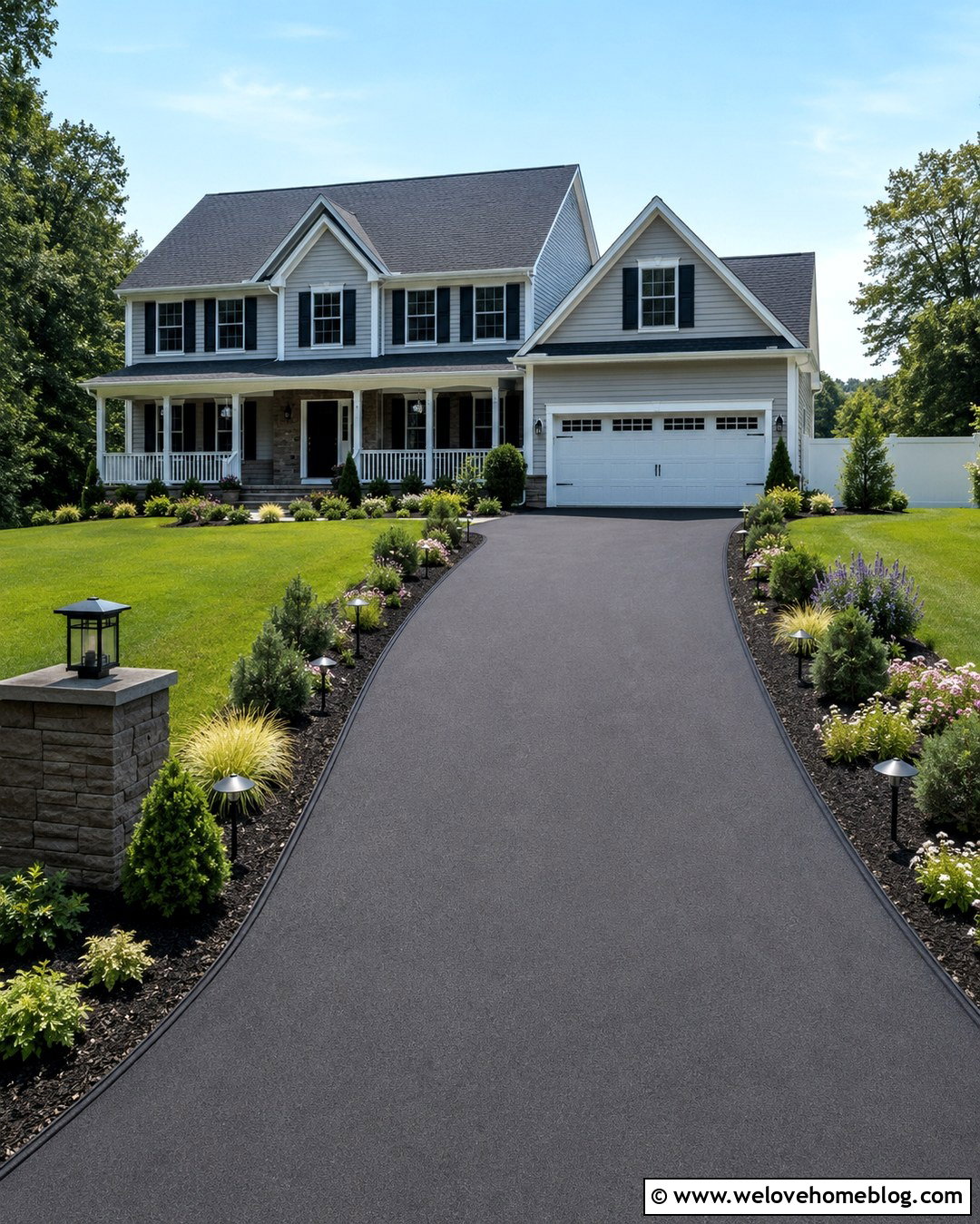 Straight Asphalt Driveway With Mulch Beds And Lighting - 20 straight driveway landscaping ideas