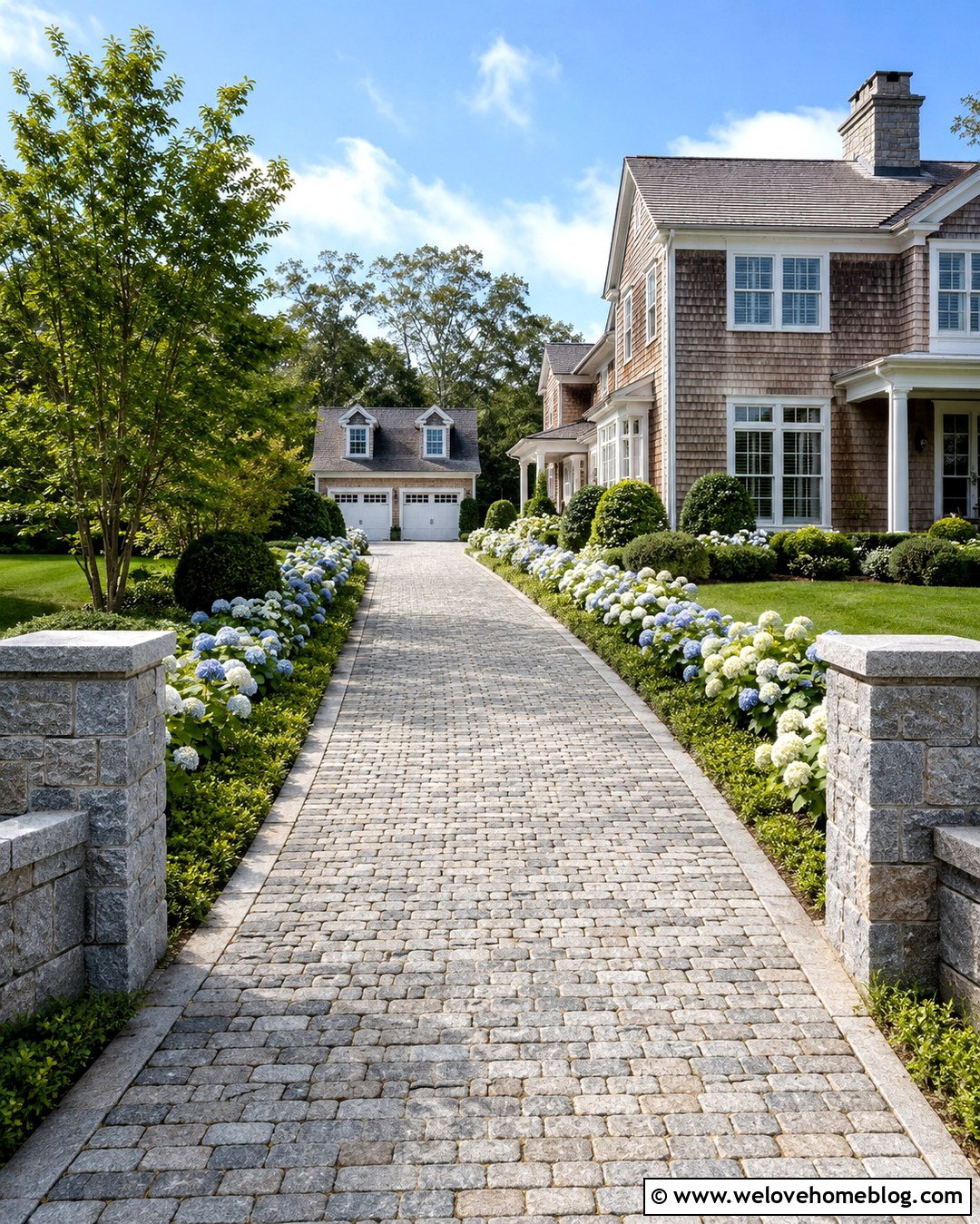 Straight Cobblestone Driveway With Hydrangea Beds - 20 straight driveway landscaping ideas
