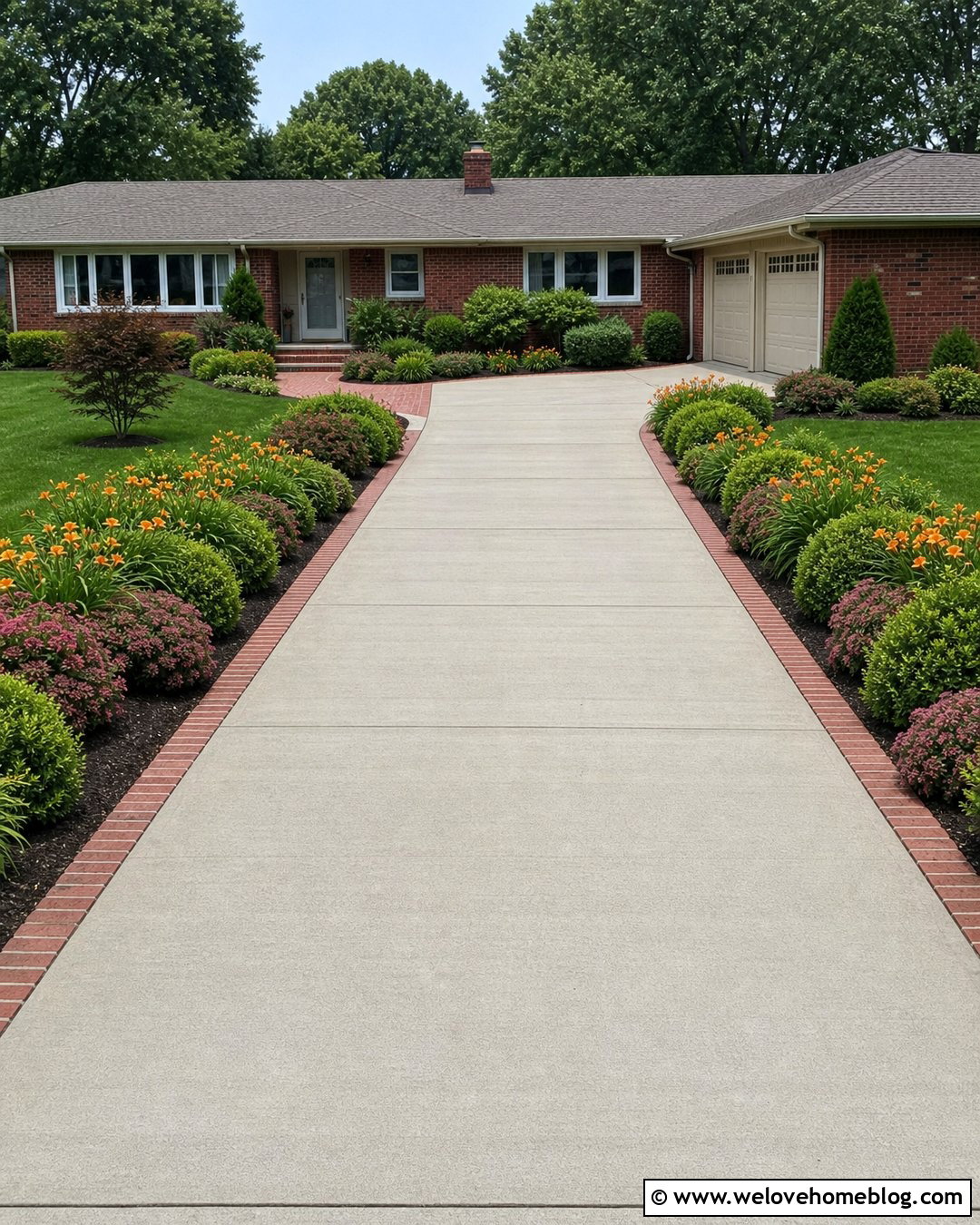 Straight Concrete Driveway With Daylilies - 25 Flower Driveway Ideas