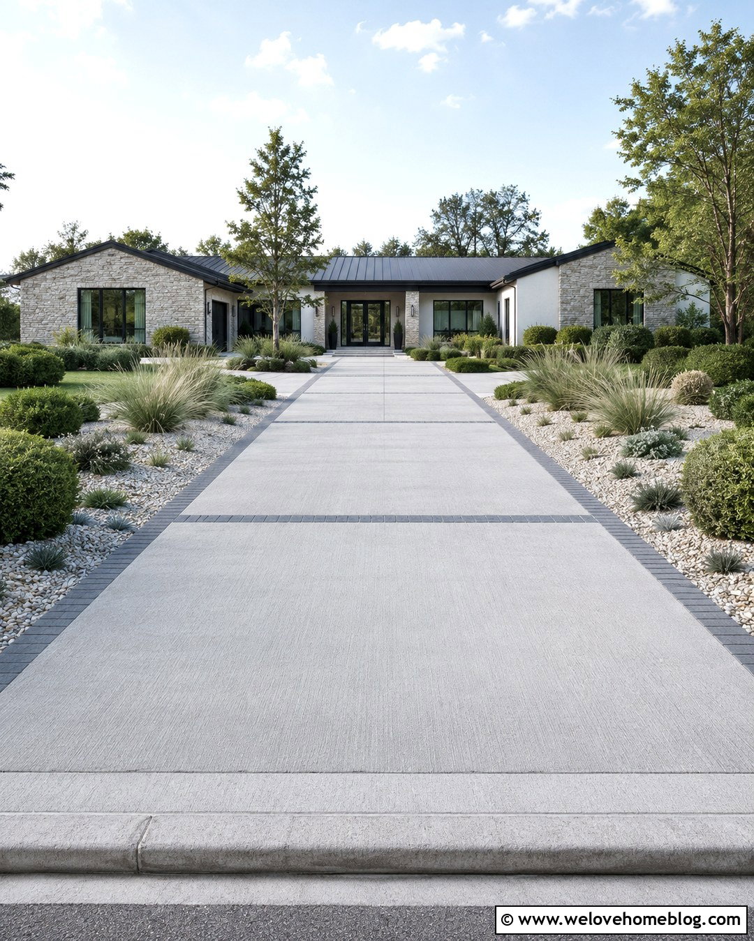 Straight Concrete Driveway With Ornamental Grasses - 20 straight driveway landscaping ideas