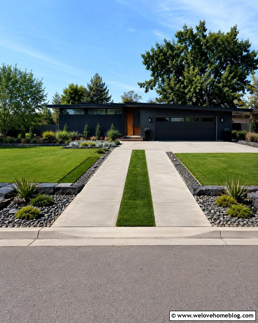 Straight Concrete Ribbon Driveway With Grass Center - 20 straight driveway landscaping ideas