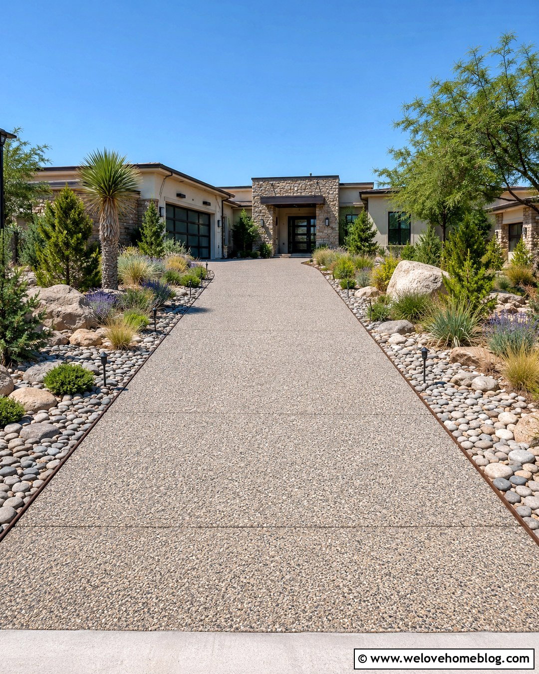 Straight Exposed Aggregate Driveway With River Rock Landscaping - 20 straight driveway landscaping ideas