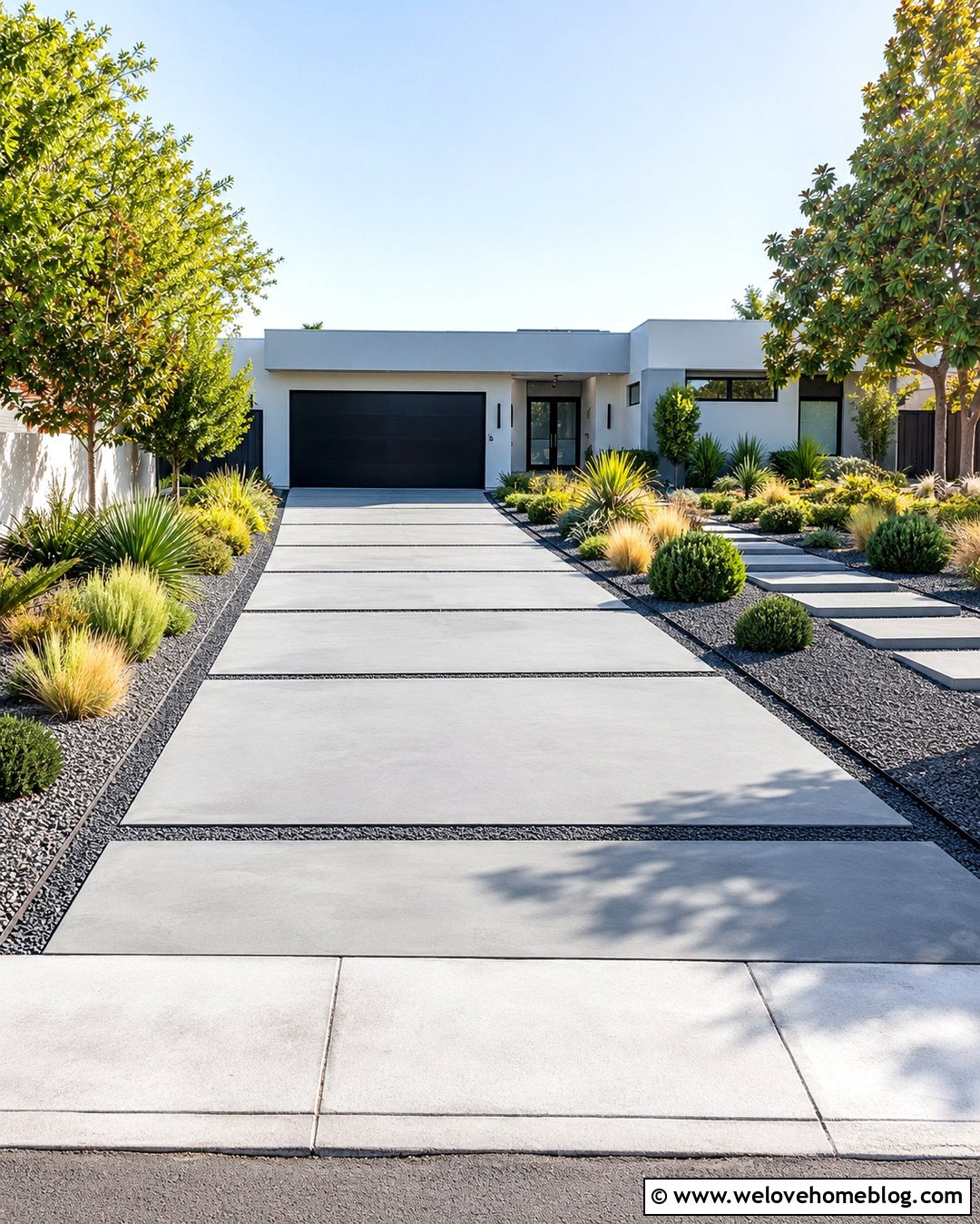 Straight Modern Concrete Driveway With Gravel Strips - 20 straight driveway landscaping ideas