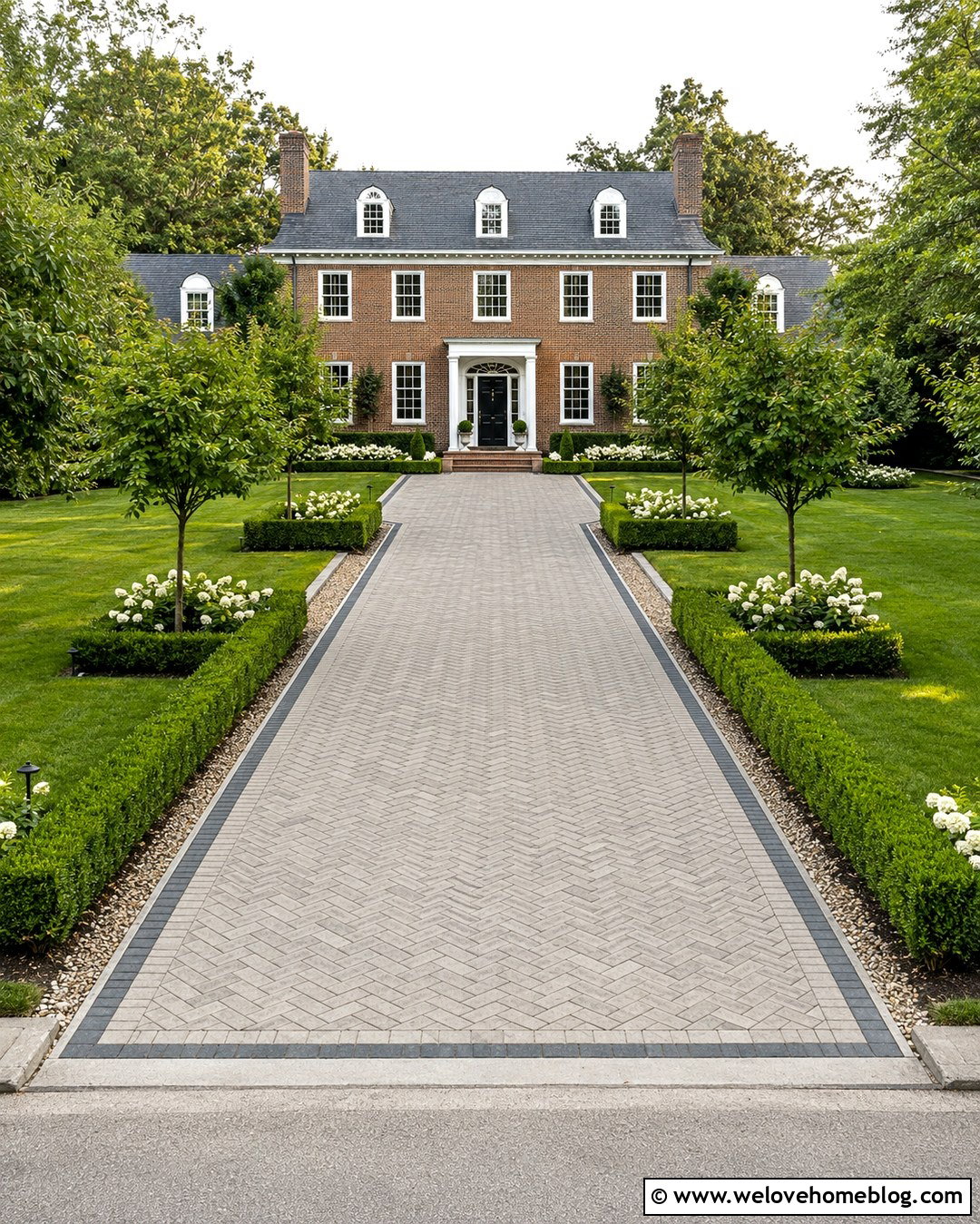 Straight Paver Driveway With Boxwood Hedges - 20 straight driveway landscaping ideas