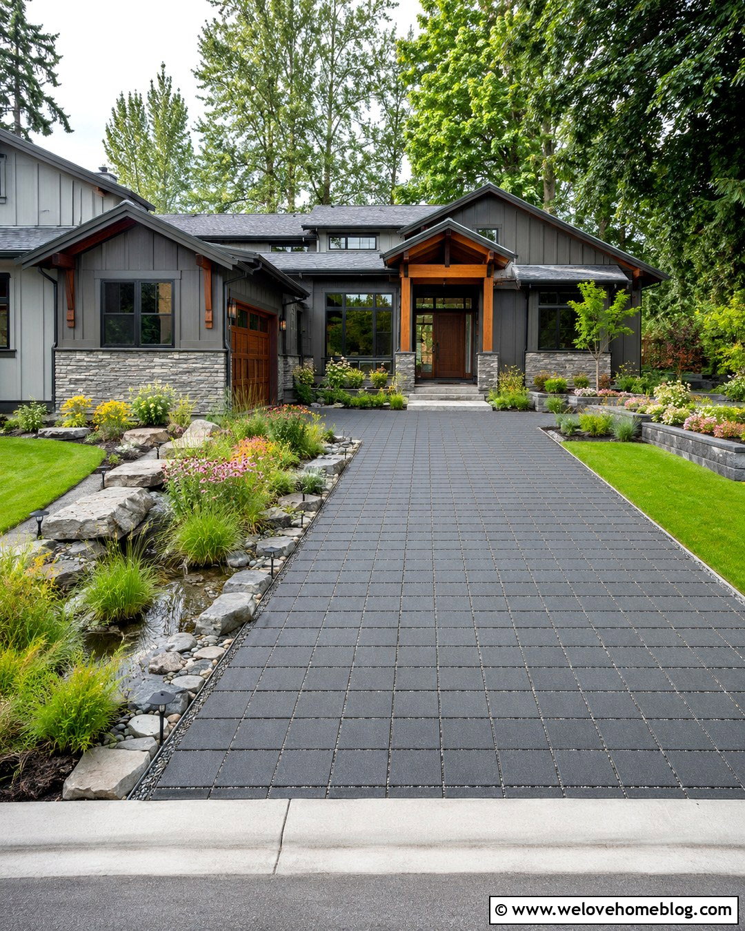 Straight Permeable Paver Driveway With Rain Gardens - 20 straight driveway landscaping ideas