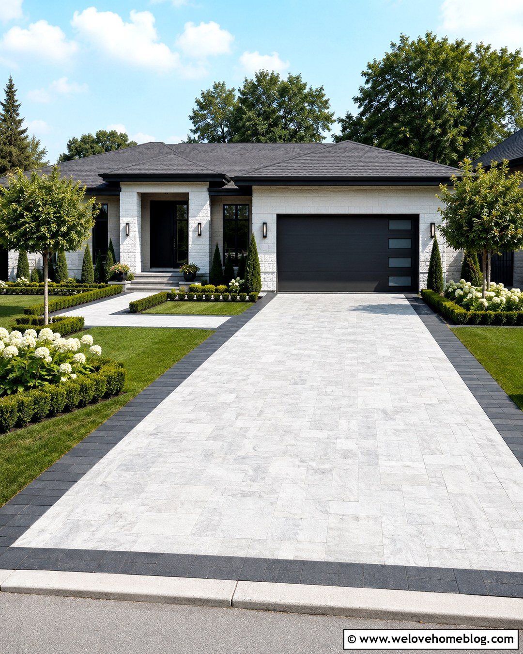 Straight Silver Travertine Driveway With Charcoal Border - 20 silver travertine pavers driveway ideas