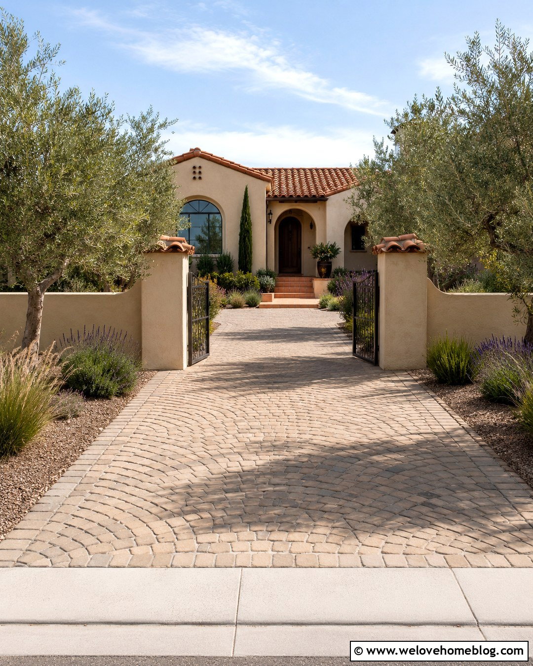 Stucco Driveway Wall With Arched Gate - 20 Driveway Wall Entrance Ideas