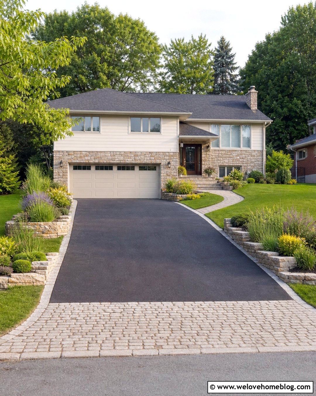 Sunlit Blacktop Driveway With Raised Stone Beds - 20 Sunlit Driveway Landscape Ideas
