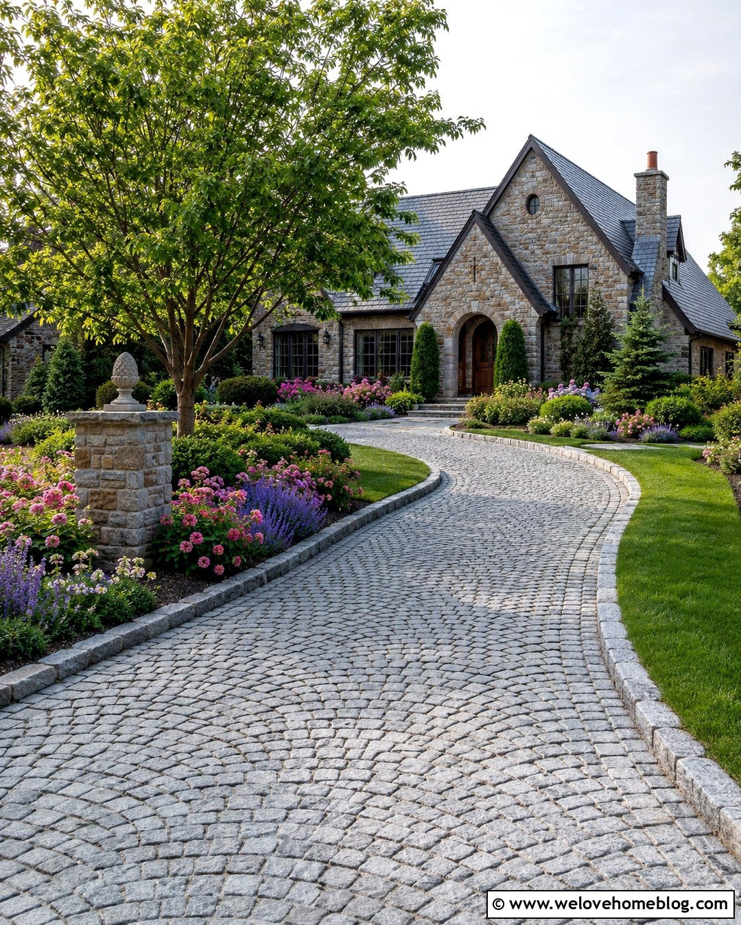 Sunlit Cobblestone Driveway With Rose Borders - 20 Sunlit Driveway Landscape Ideas