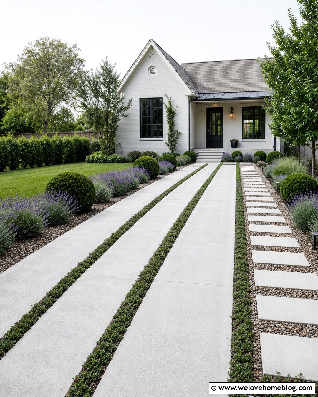 Sunlit Concrete Strip Driveway With Creeping Thyme - 20 Sunlit Driveway Landscape Ideas