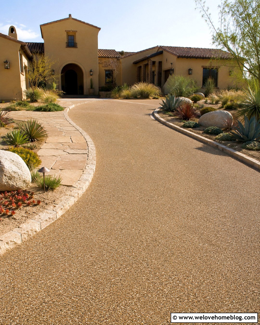 Sunlit Curved Driveway With Drought Tolerant Landscaping