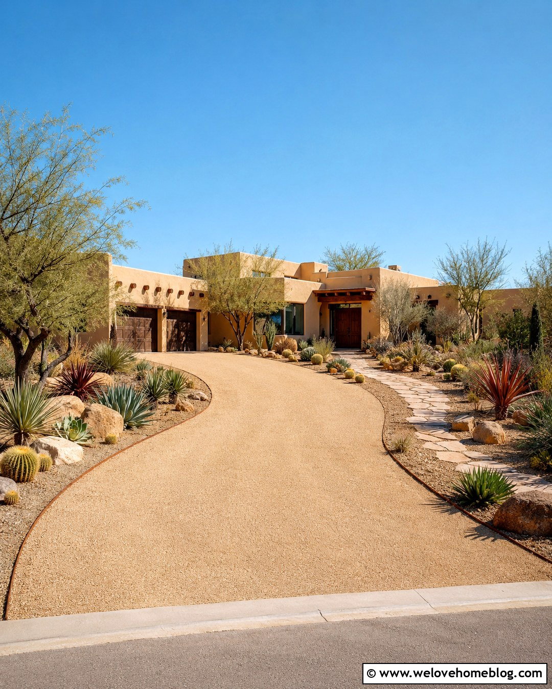 Sunlit Decomposed Granite Driveway With Desert Plants - 20 Sunlit Driveway Landscape Ideas