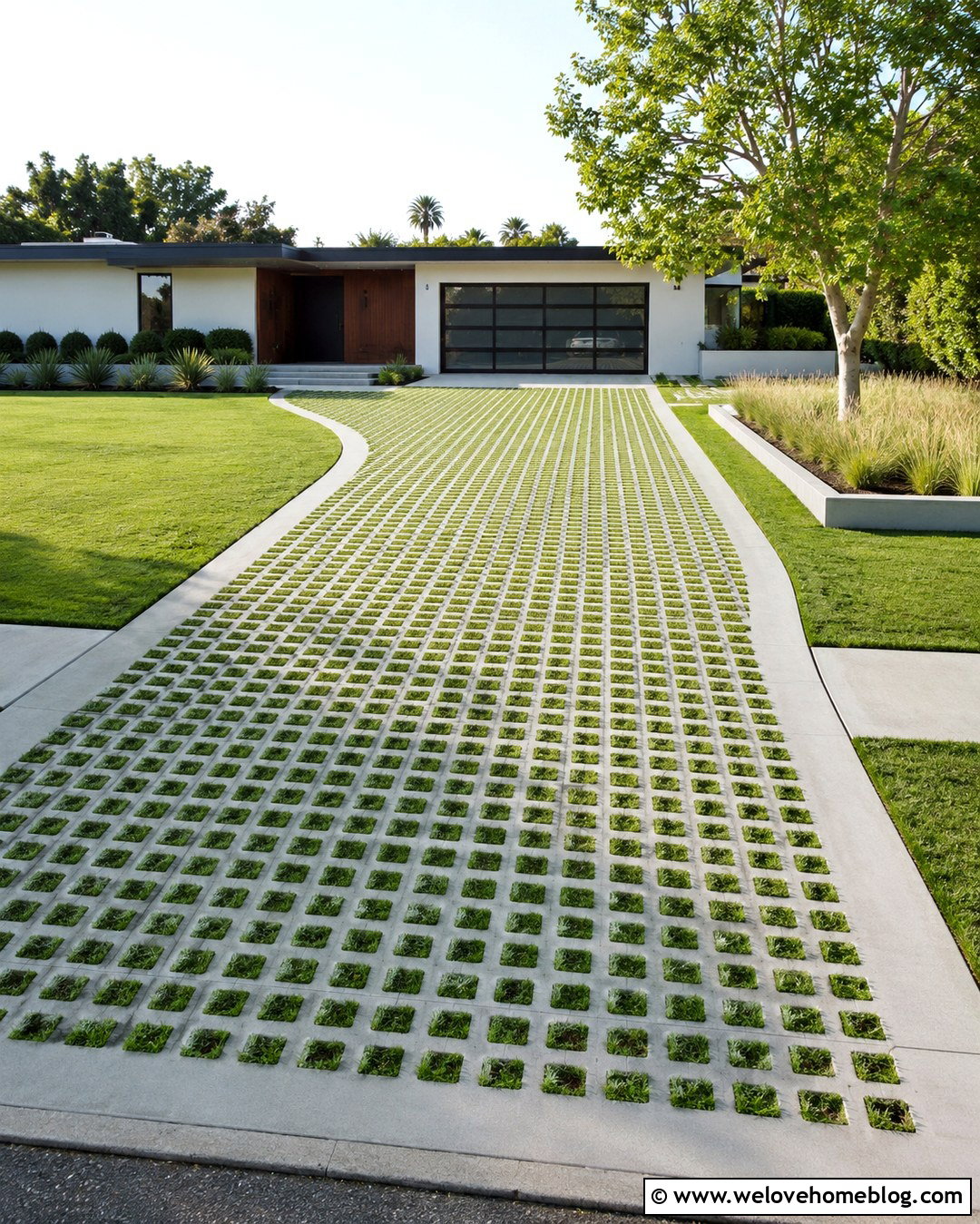 Sunlit Grass Paver Driveway With Minimal Landscaping - 20 Sunlit Driveway Landscape Ideas