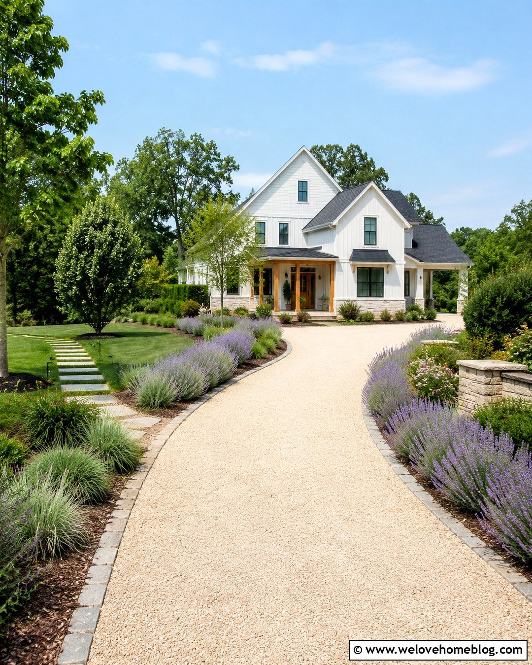 Sunlit Gravel Driveway With Lavender Borders - 20 Sunlit Driveway Landscape Ideas