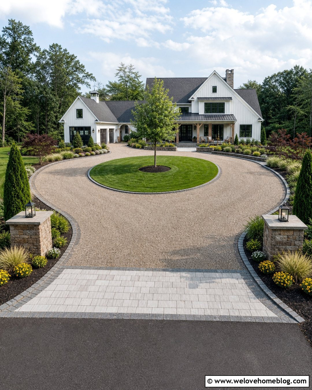Sunlit Horseshoe Driveway With Landscaped Entrance Pillars - 20 Sunlit Driveway Landscape Ideas