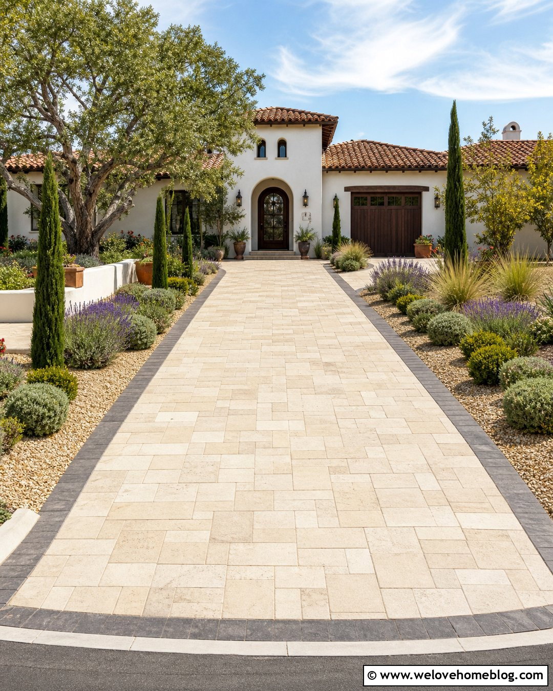 Sunlit Limestone Driveway With Mediterranean Planting - 20 Sunlit Driveway Landscape Ideas