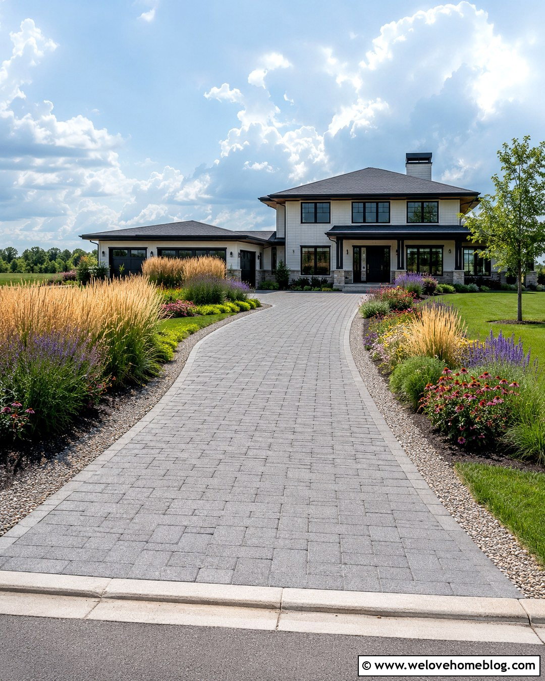 Sunlit Permeable Paver Driveway With Meadow Planting - 20 Sunlit Driveway Landscape Ideas
