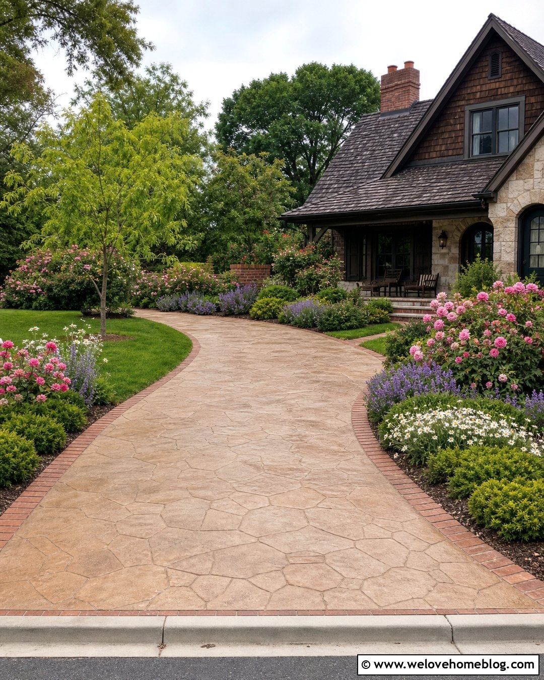 Sunlit Stamped Concrete Driveway With Cottage Flowers - 20 Sunlit Driveway Landscape Ideas