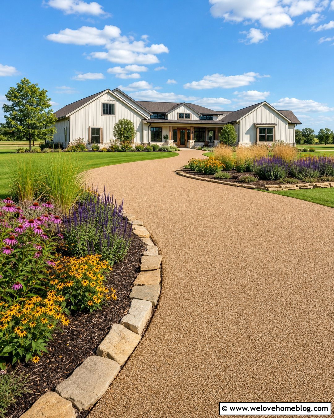 Sunny Driveway Flower Bed With Coneflowers - 30 Driveway Flower Bed Ideas