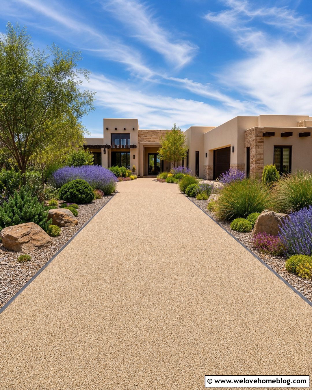 Sunny Driveway With Drought Tolerant Beds - 20 How To Landscape A Driveway Ideas